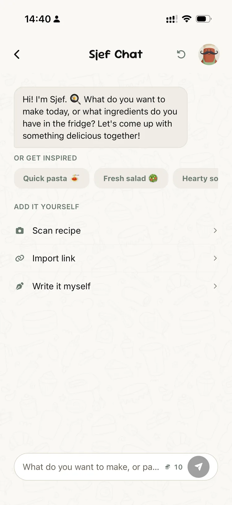 Sjef Chat screen