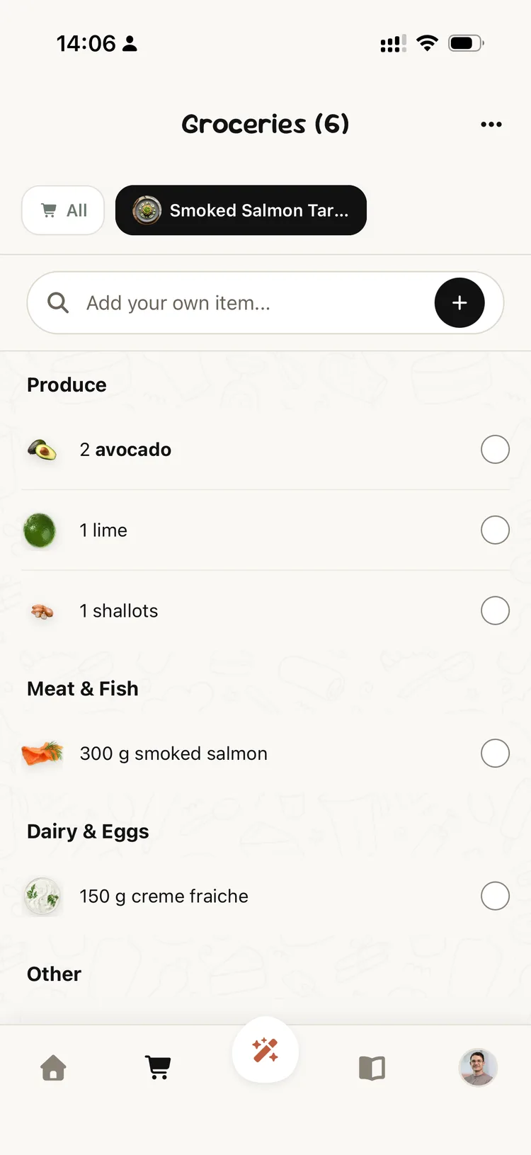 Grocery list grouped by produce, meat and fish, dairy and eggs
