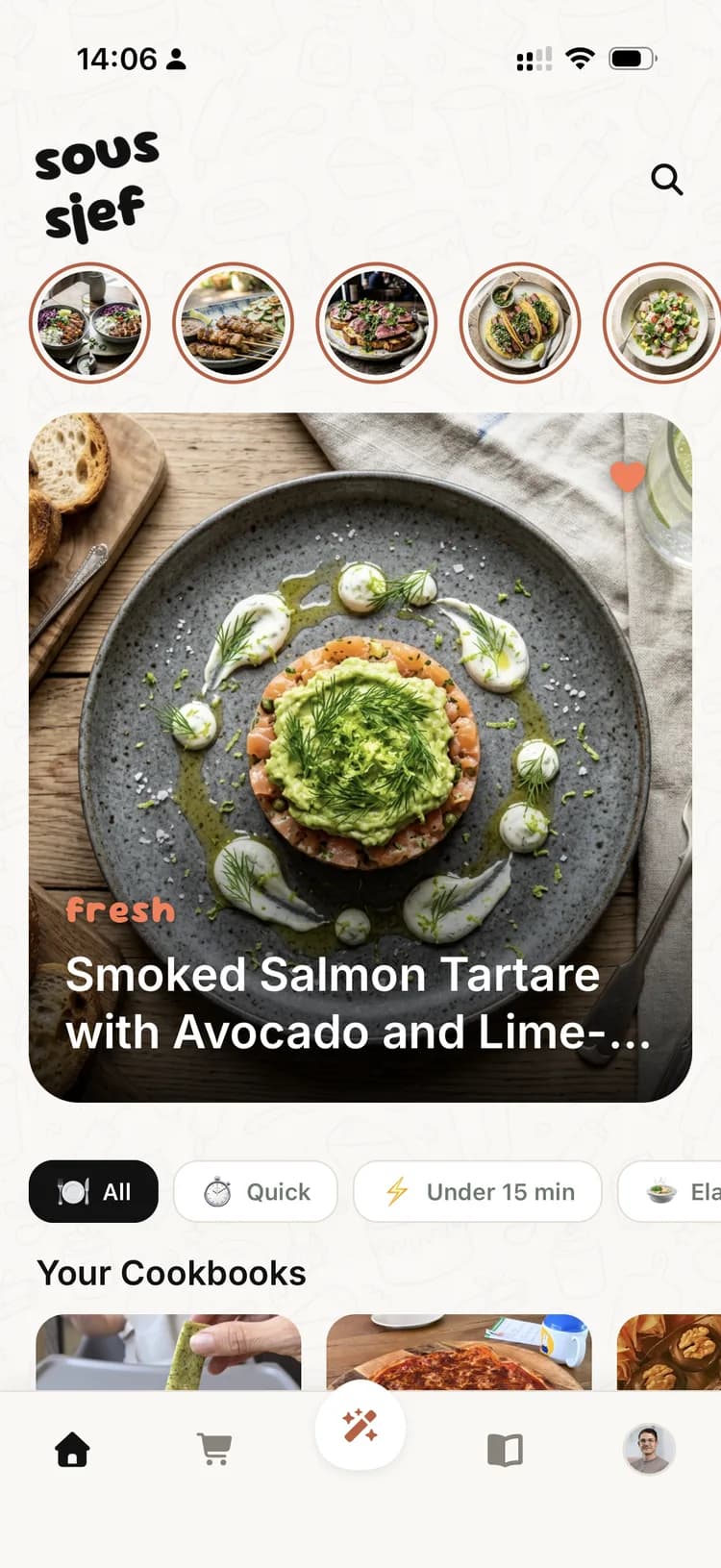 Sous Sjef home screen with a saved smoked salmon tartare recipe