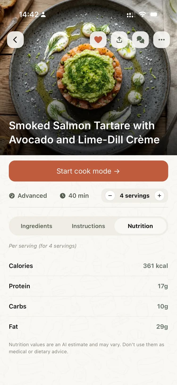 Recipe nutrition tab showing calories, protein, carbs and fat per serving