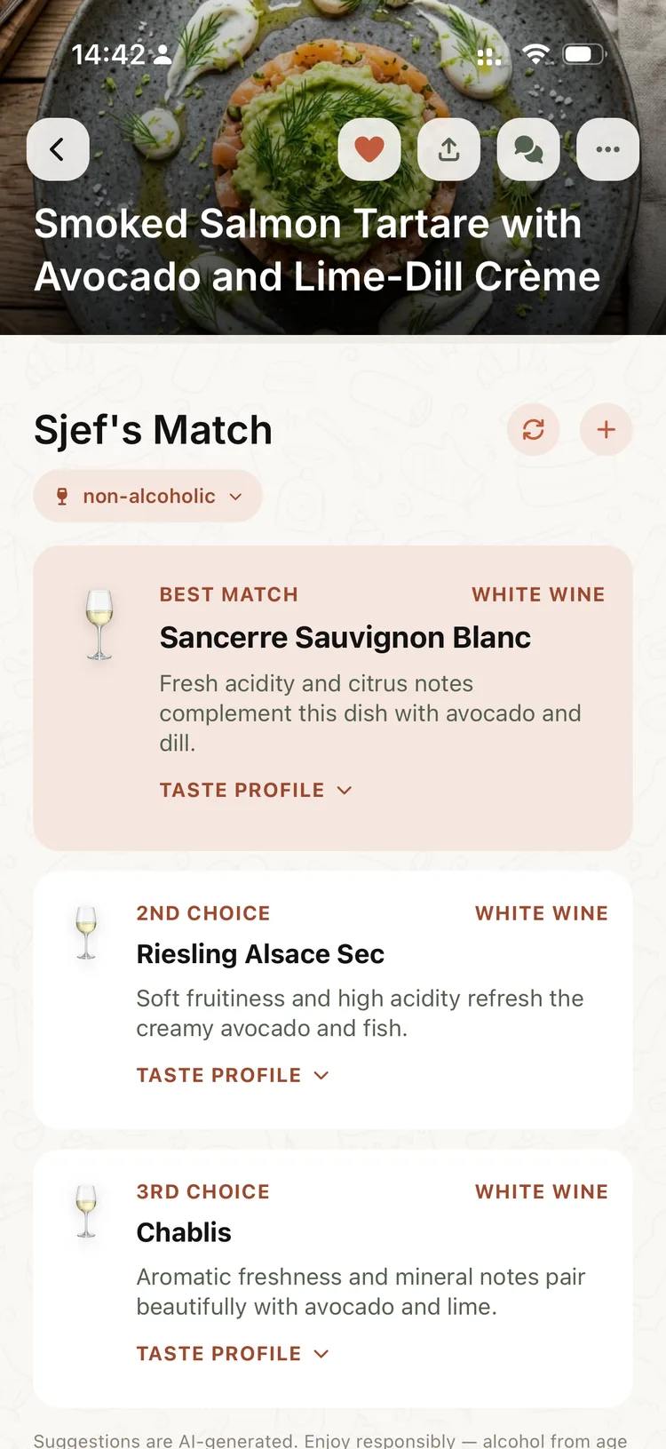 Sjef's Match wine pairing screen